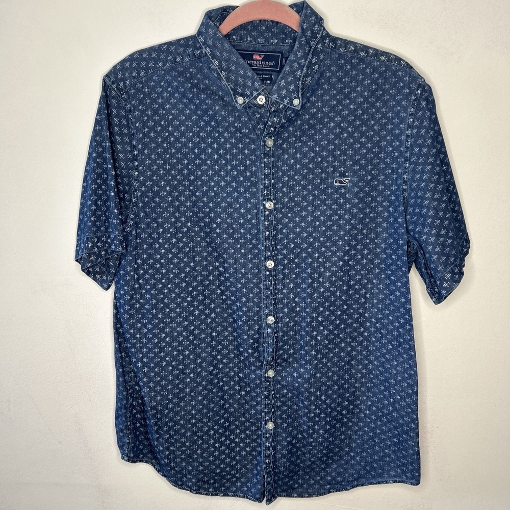 VINEYARD‎ VINES Large Short Sleeve Slim Fit Whale Shirt All Over Print Fish